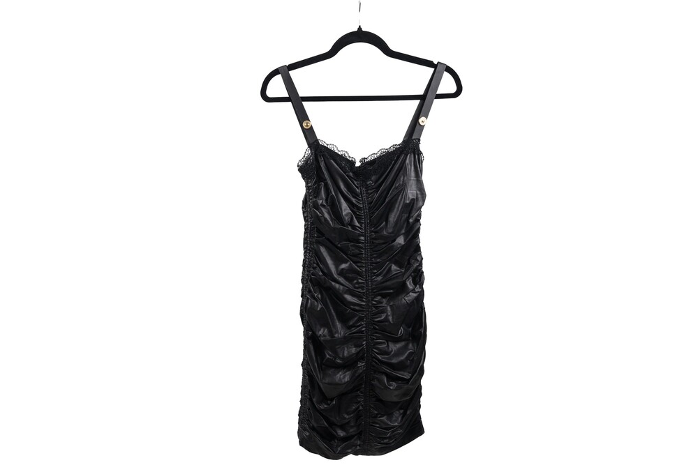 Versace Jeans Couture Black Ruched Mini Dress Faux Leather Gold Hardware Size XS